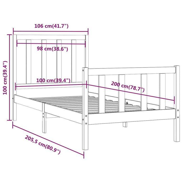 Bedframe massief hout zwart 100x200 cm