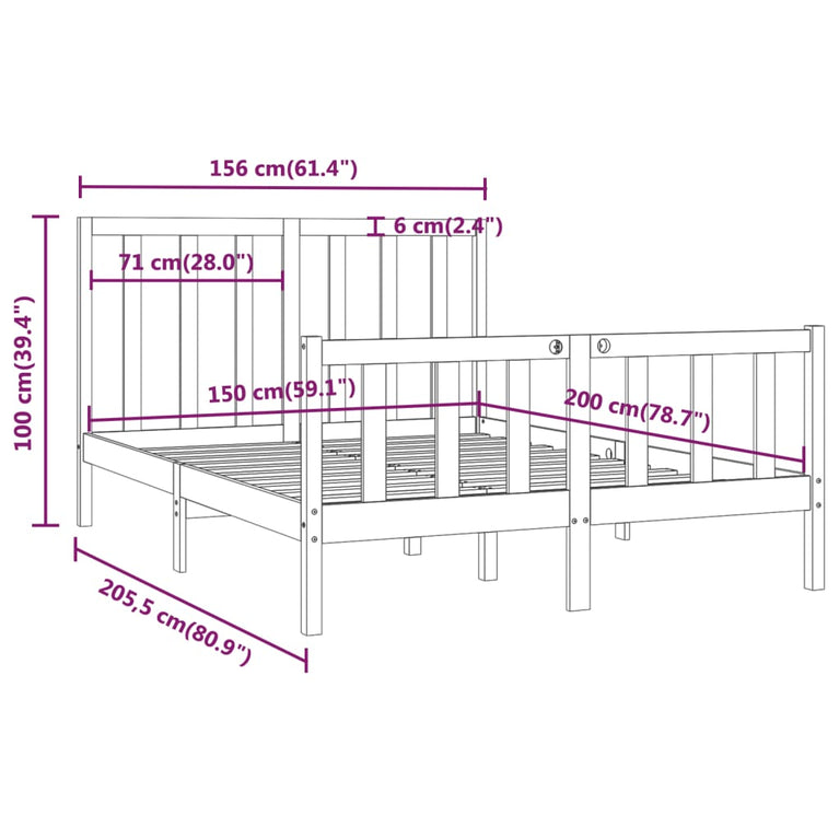 Bedframe massief hout wit 150x200 cm 5FT King Size