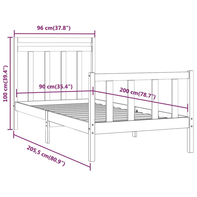 Bedframe massief grenenhout wit 90x200 cm