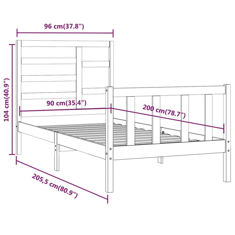 Bedframe massief grenenhout wit 90x200 cm
