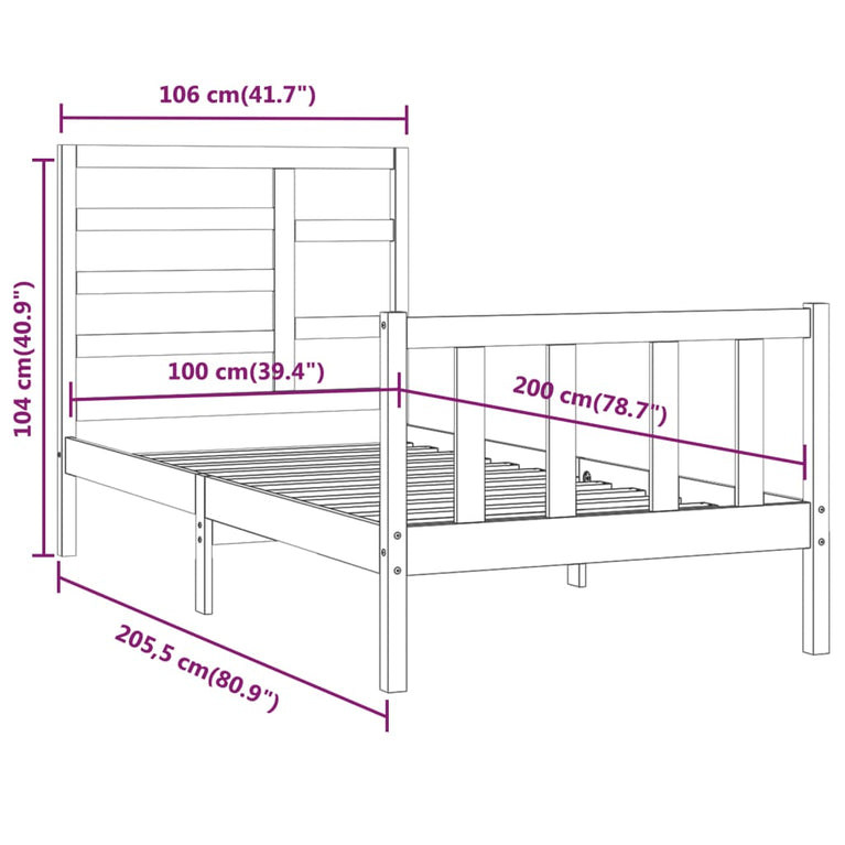 Bedframe massief grenenhout zwart 100x200 cm