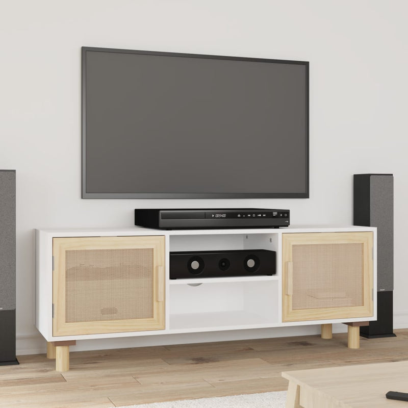Tv-meubel 105x30x40 cm massief grenenhout en rattan wit MeubelReus