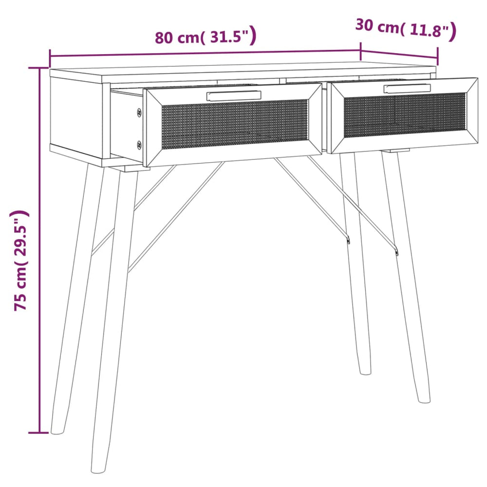 Wandtafel 80x30x75 cm massief grenenhout en natuurlijk rattan MeubelReus