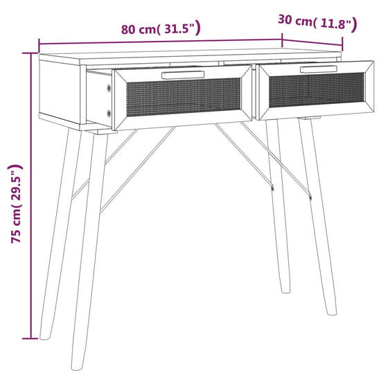 Wandtafel 80x30x75 cm massief grenenhout en natuurlijk rattan MeubelReus