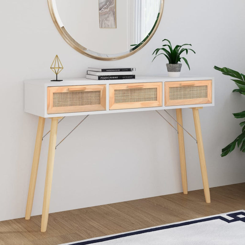 Wandtafel 105x30x75 cm massief grenenhout en natuurlijk rattan MeubelReus