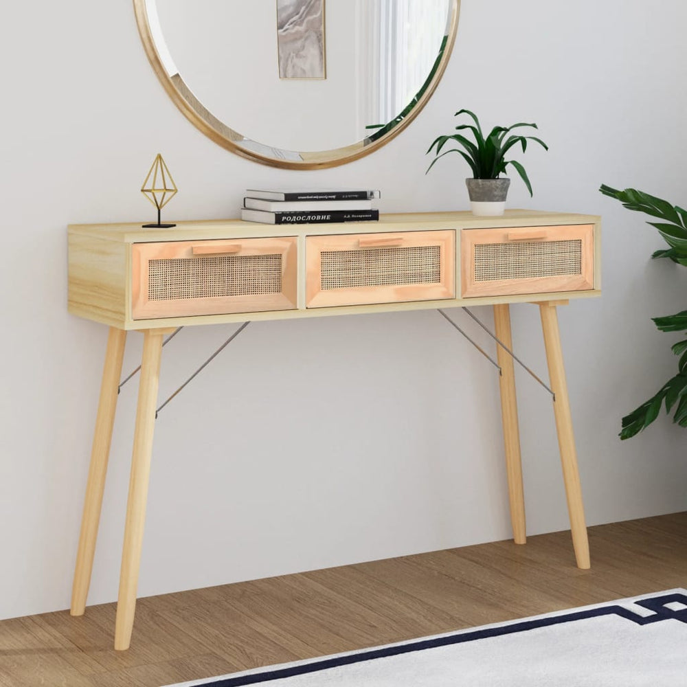 Wandtafel 105x30x75 cm massief grenenhout en natuurlijk rattan MeubelReus
