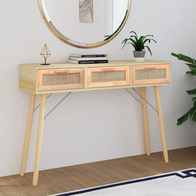 Wandtafel 105x30x75 cm massief grenenhout en natuurlijk rattan MeubelReus