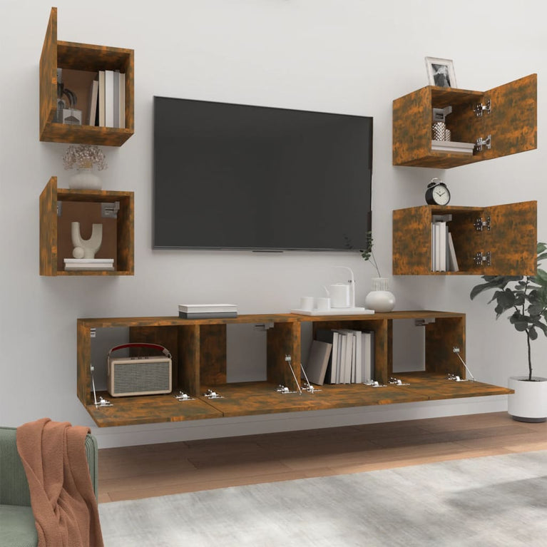 6-delige Tv-meubelset bewerkt hout gerookt eikenkleurig MeubelReus