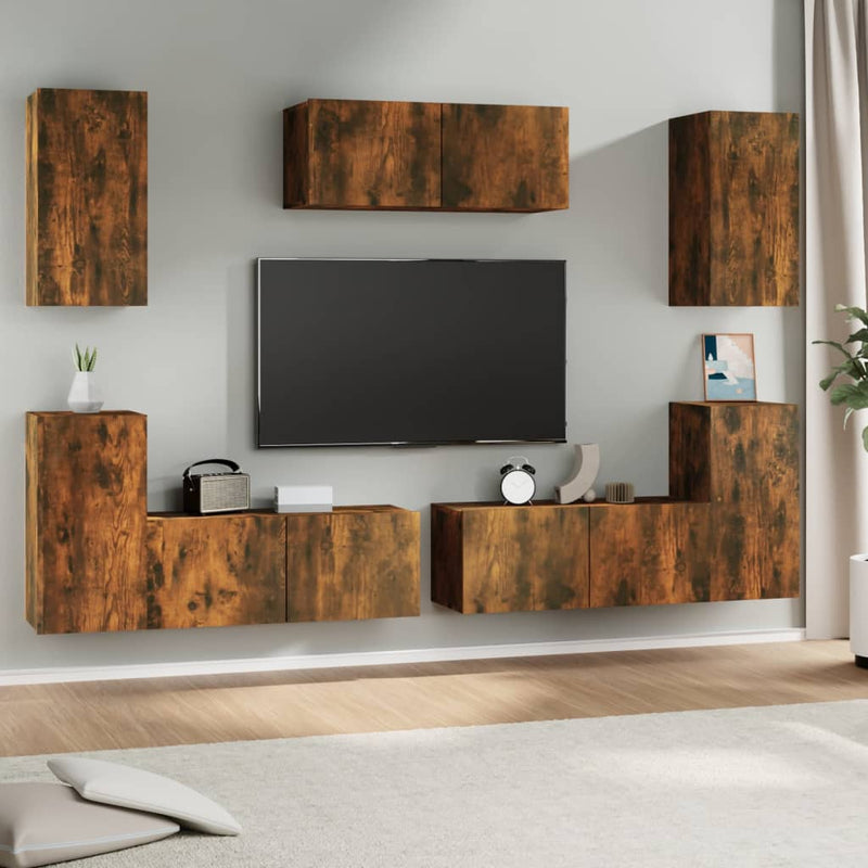 7-delige Tv-meubelset bewerkt hout gerookt eikenkleurig MeubelReus