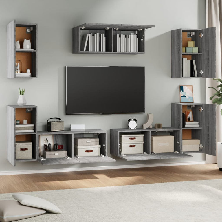 7-delige Tv-meubelset bewerkt hout grijs sonoma eikenkleurig