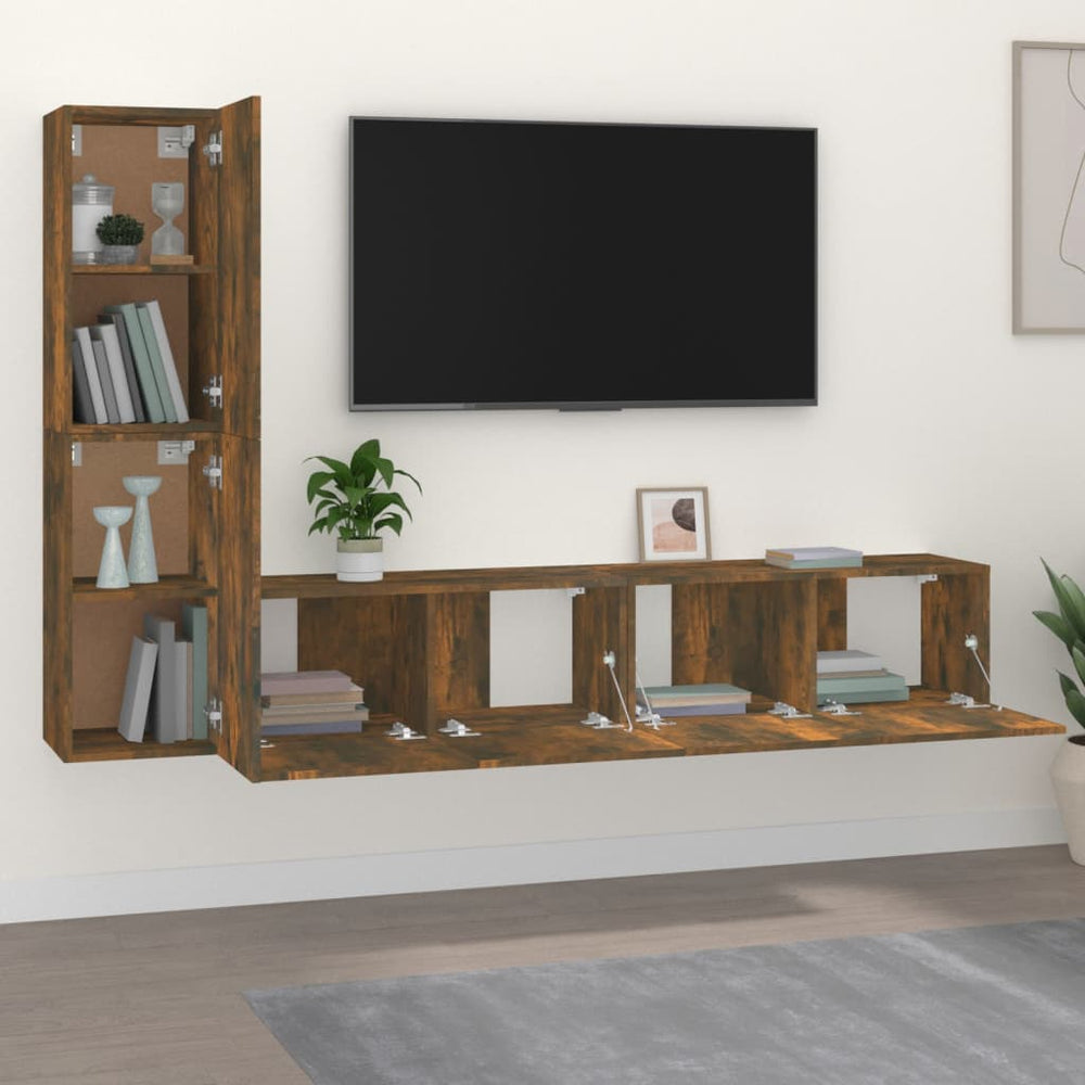 4-delige Tv-meubelset bewerkt hout gerookt eikenkleurig MeubelReus