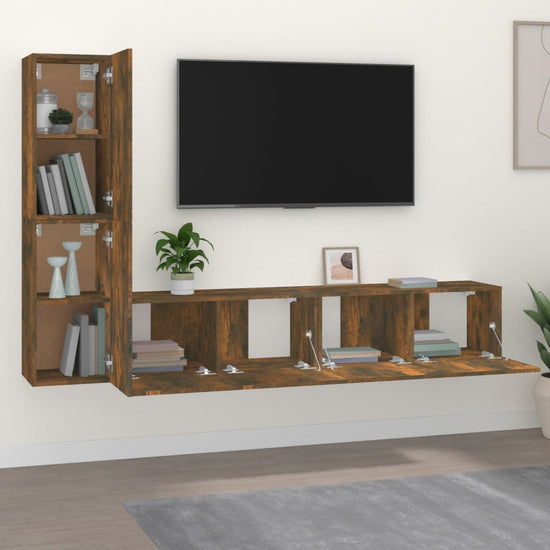 4-delige Tv-meubelset bewerkt hout gerookt eikenkleurig MeubelReus