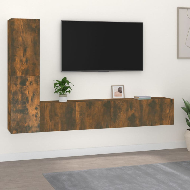 4-delige Tv-meubelset bewerkt hout gerookt eikenkleurig MeubelReus