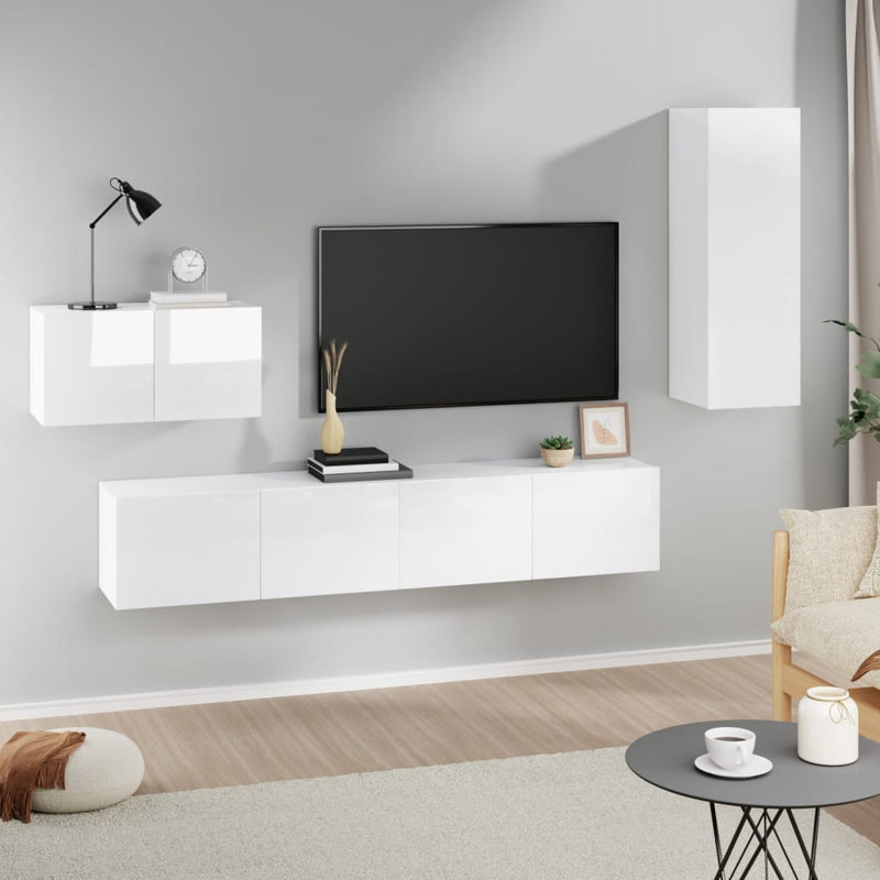 4-delige Tv-meubelset bewerkt hout hoogglans wit