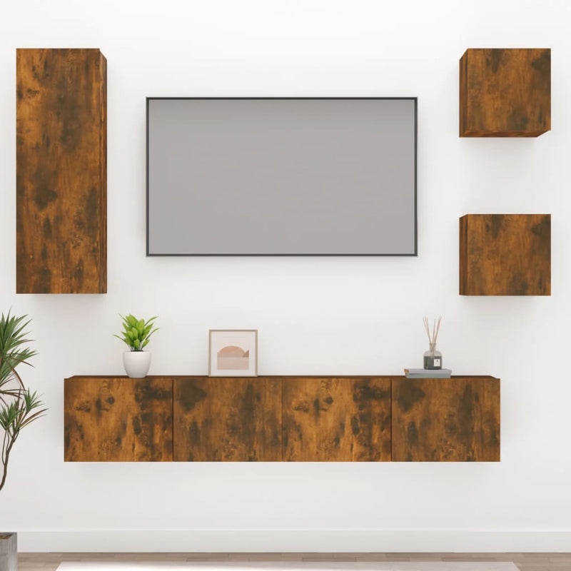 5-delige Tv-meubelset bewerkt hout gerookt eikenkleurig MeubelReus