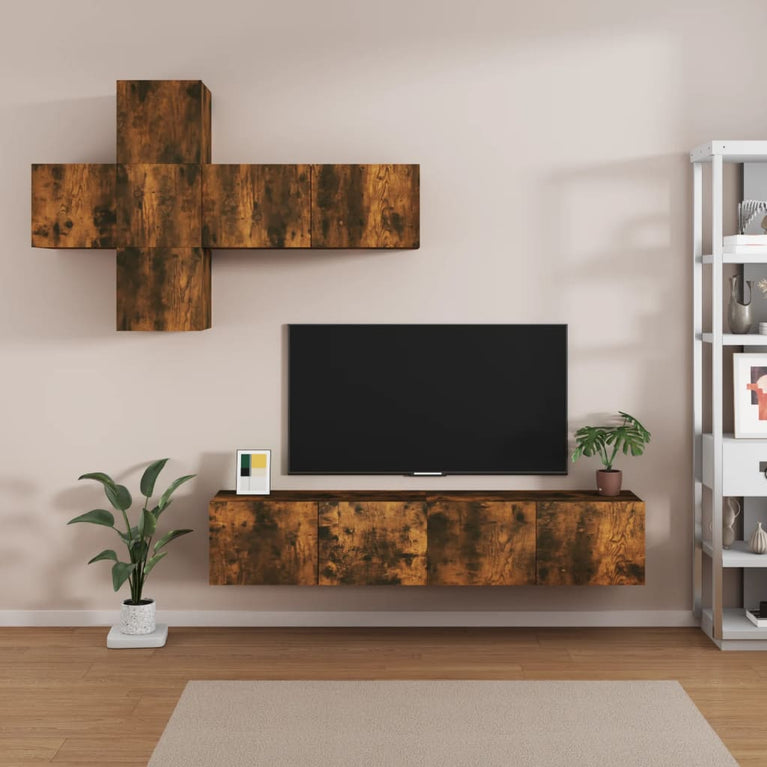 7-delige Tv-meubelset bewerkt hout gerookt eikenkleurig MeubelReus