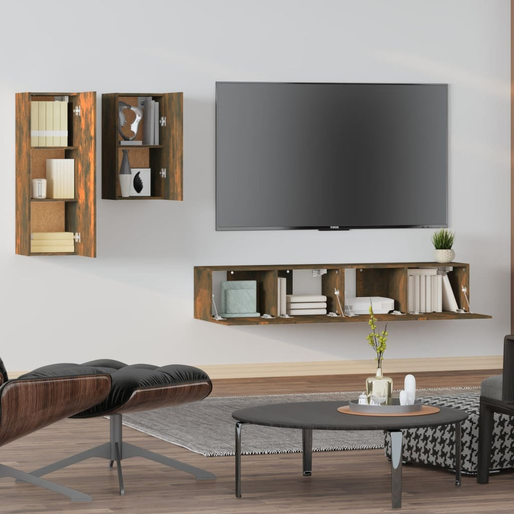 4-delige Tv-meubelset bewerkt hout gerookt eikenkleurig MeubelReus