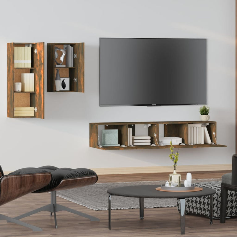 4-delige Tv-meubelset bewerkt hout gerookt eikenkleurig MeubelReus