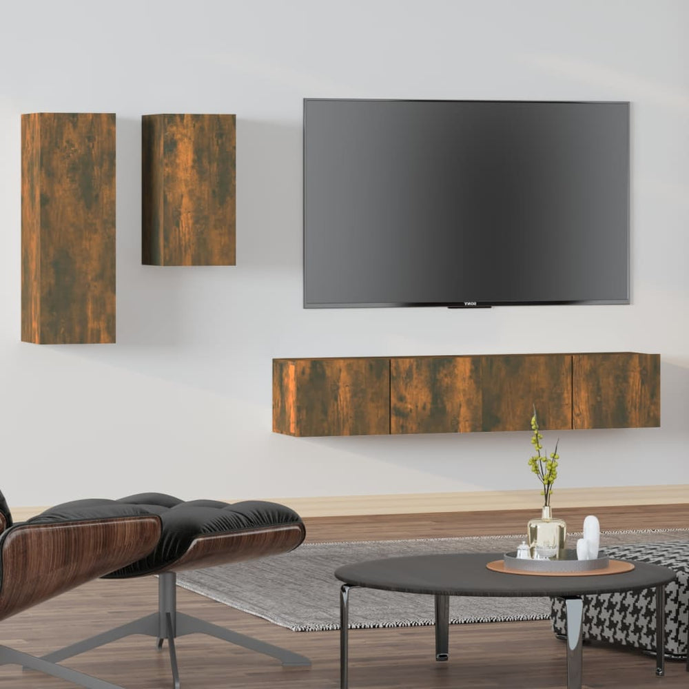 4-delige Tv-meubelset bewerkt hout gerookt eikenkleurig MeubelReus