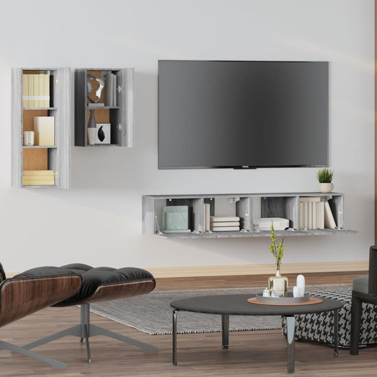 4-delige Tv-meubelset bewerkt hout grijs sonoma eikenkleurig MeubelReus