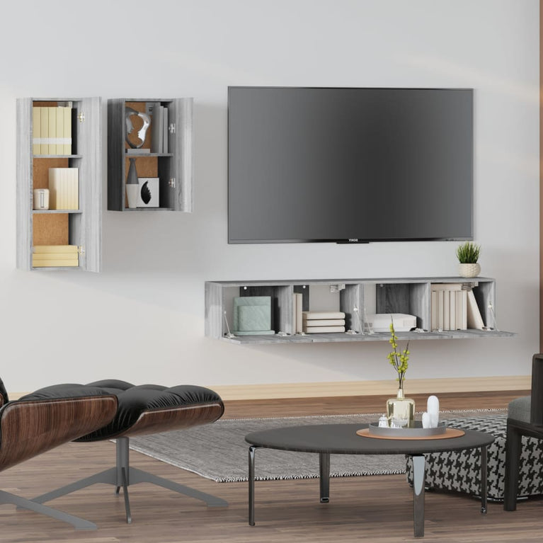 4-delige Tv-meubelset bewerkt hout grijs sonoma eikenkleurig MeubelReus