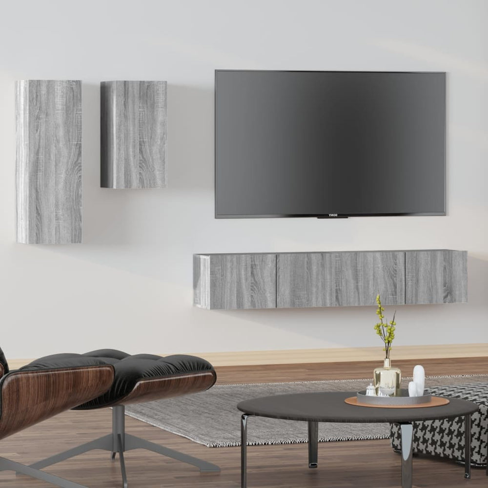 4-delige Tv-meubelset bewerkt hout grijs sonoma eikenkleurig MeubelReus