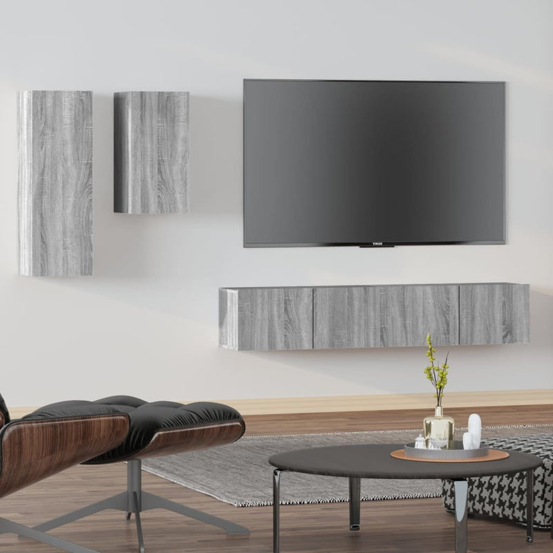 4-delige Tv-meubelset bewerkt hout grijs sonoma eikenkleurig MeubelReus
