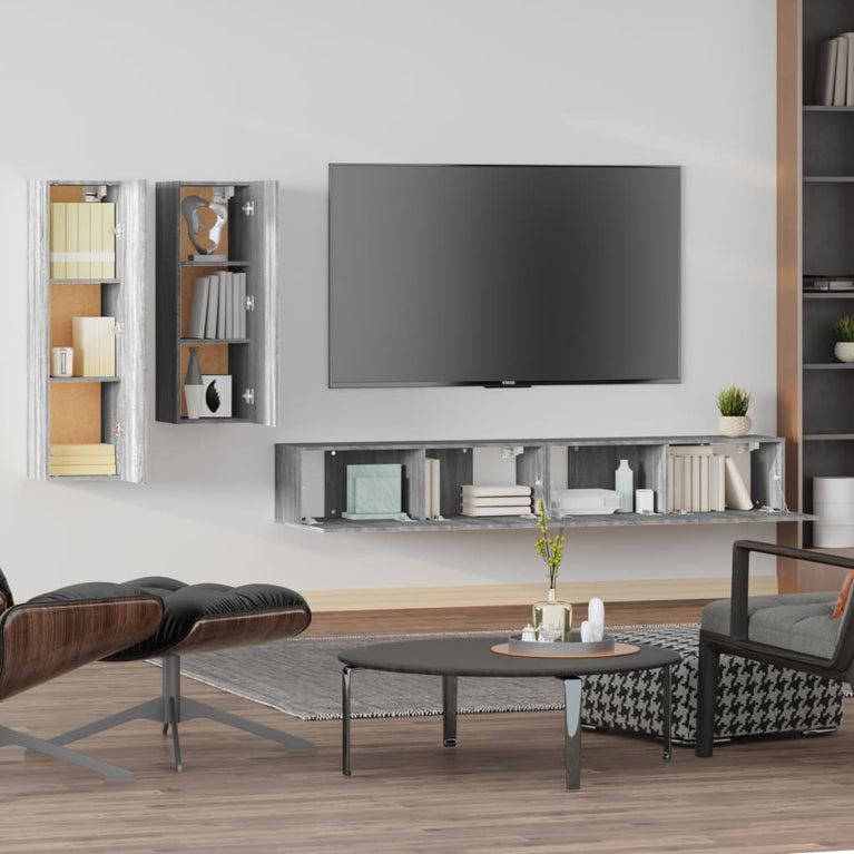 4-delige Tv-meubelset bewerkt hout grijs sonoma eikenkleurig