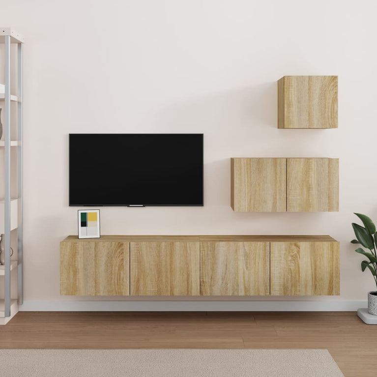 4-delige Tv-meubelset bewerkt hout sonoma eikenkleurig MeubelReus