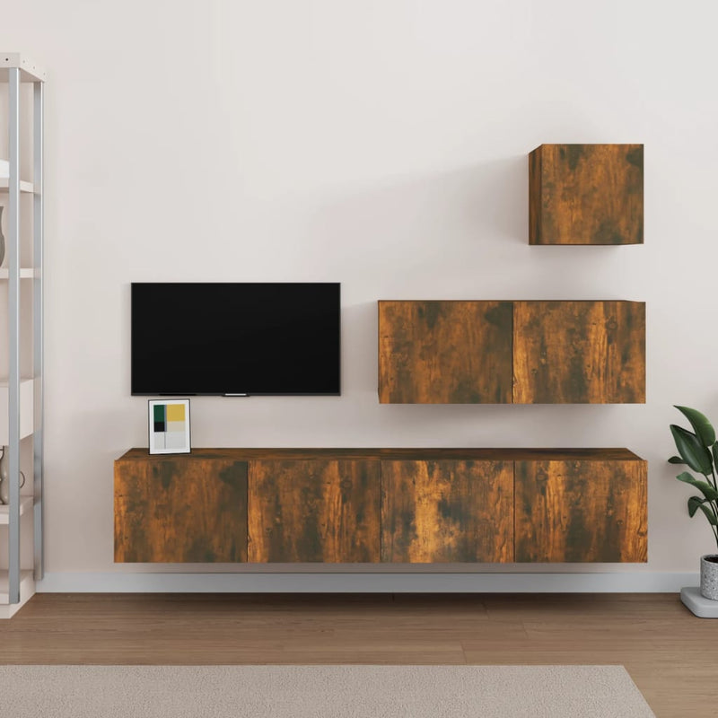 4-delige Tv-meubelset bewerkt hout gerookt eikenkleurig MeubelReus