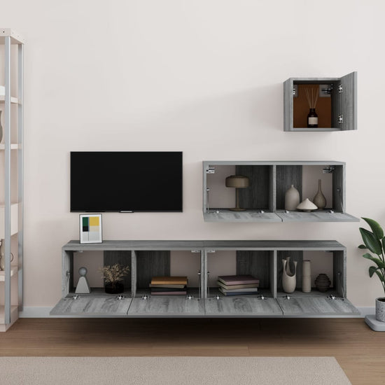 4-delige Tv-meubelset bewerkt hout grijs sonoma eikenkleurig MeubelReus