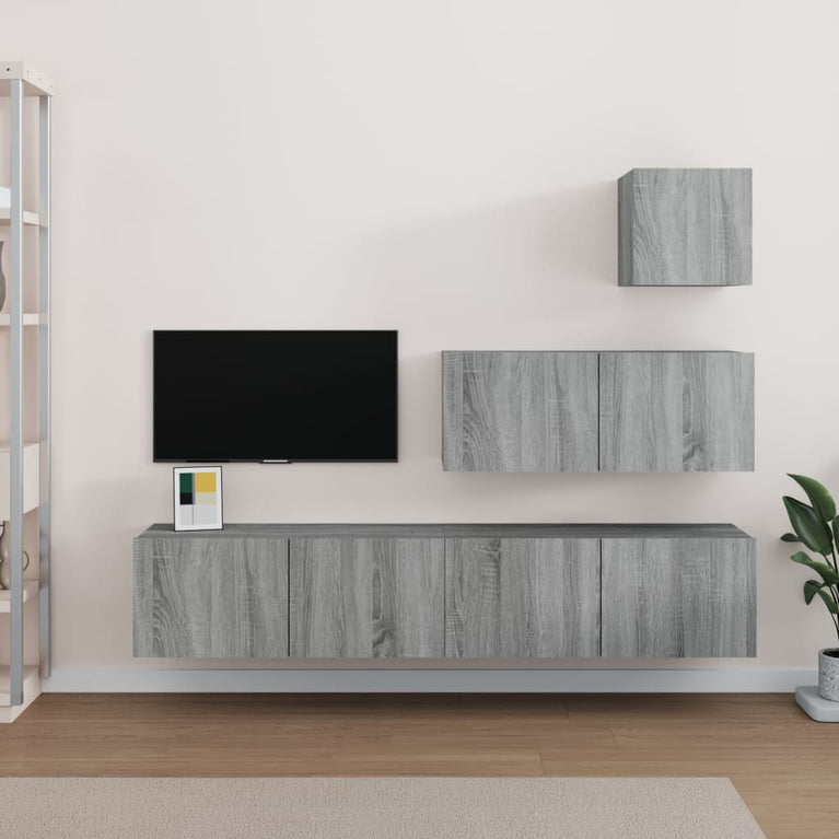 4-delige Tv-meubelset bewerkt hout grijs sonoma eikenkleurig MeubelReus