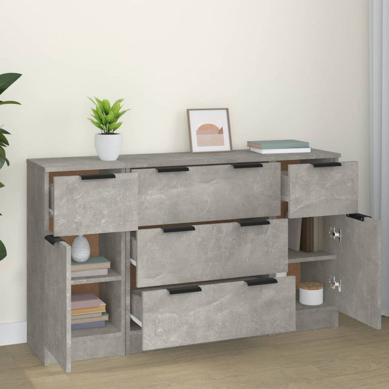 3-delige Dressoirset bewerkt hout betongrijs