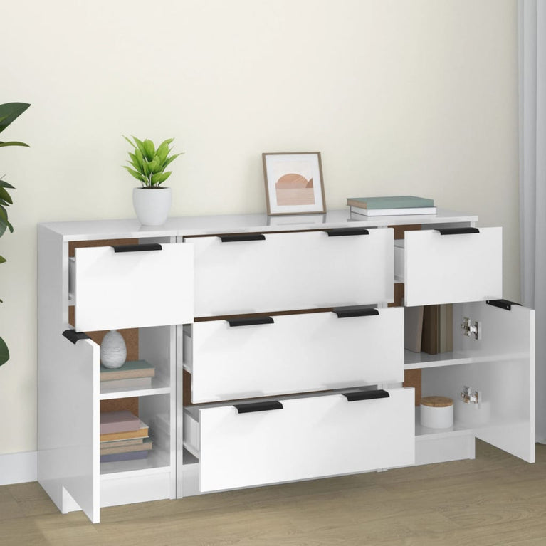 3-delige Dressoirset bewerkt hout hoogglans wit
