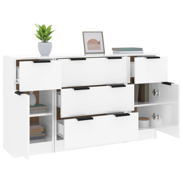 3-delige Dressoirset bewerkt hout hoogglans wit
