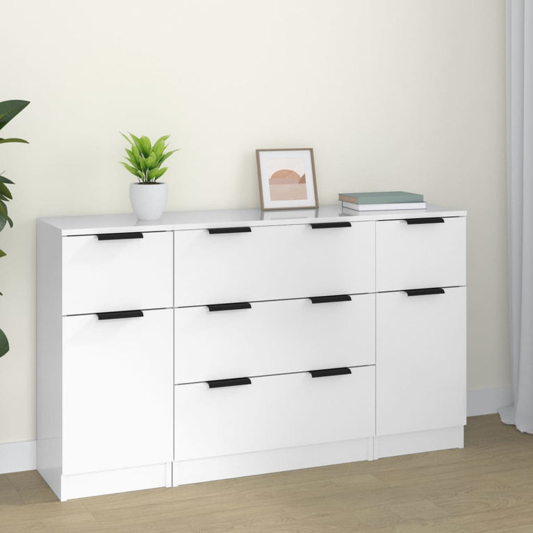 3-delige Dressoirset bewerkt hout hoogglans wit