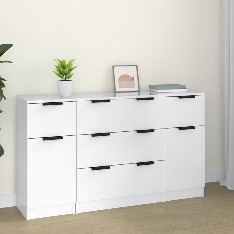 3-delige Dressoirset bewerkt hout hoogglans wit