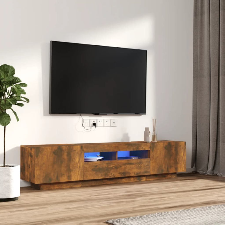 2-delige Tv-meubelset met LED bewerkt hout gerookt eikenkleurig MeubelReus