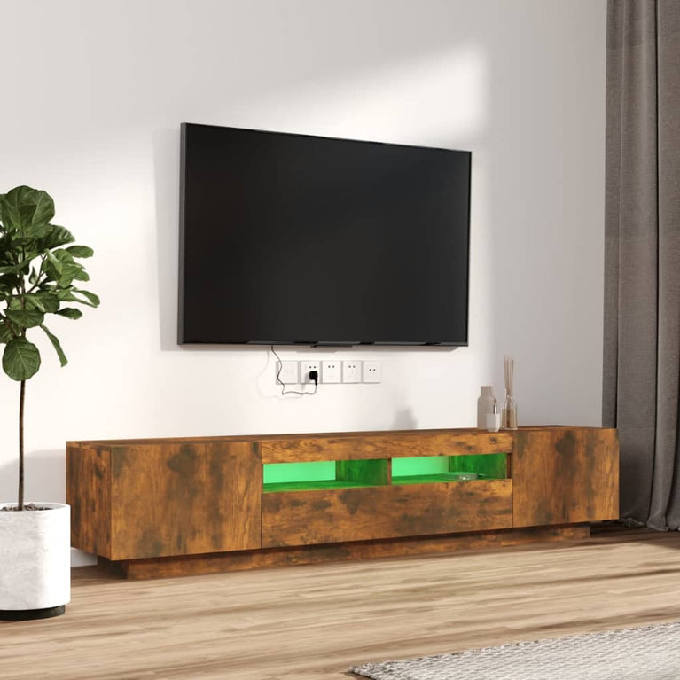2-delige Tv-meubelset met LED bewerkt hout gerookt eikenkleurig MeubelReus