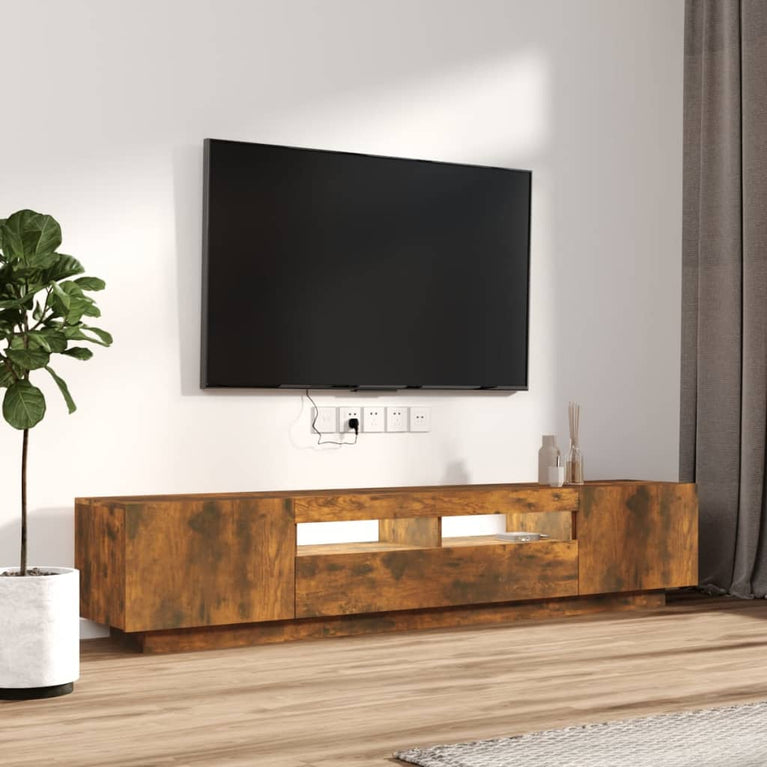 2-delige Tv-meubelset met LED bewerkt hout gerookt eikenkleurig MeubelReus