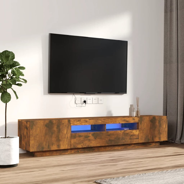 2-delige Tv-meubelset met LED bewerkt hout gerookt eikenkleurig MeubelReus