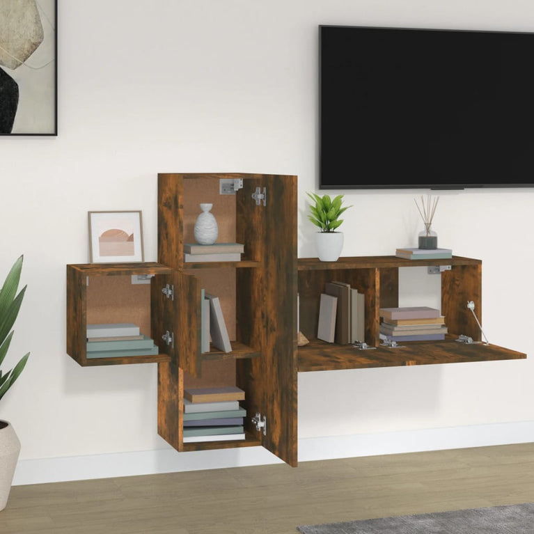 3-delige Tv-meubelset bewerkt hout gerookt eikenkleurig MeubelReus