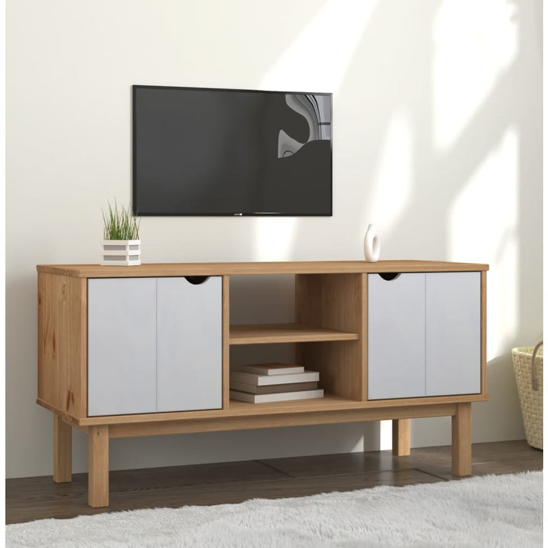 Tv-meubel OTTA 113,5x43x57 cm massief grenenhout bruin en wit MeubelReus
