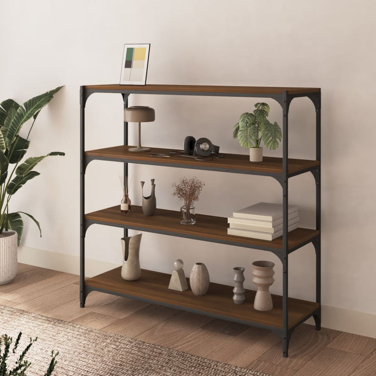 Boekenkast 100x33x100 cm bewerkt hout en staal bruineikenkleur MeubelReus