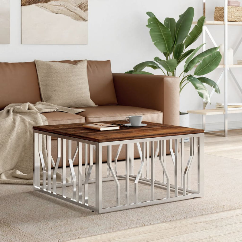 Salontafel roestvrij staal en massief gerecycled hout zilver MeubelReus