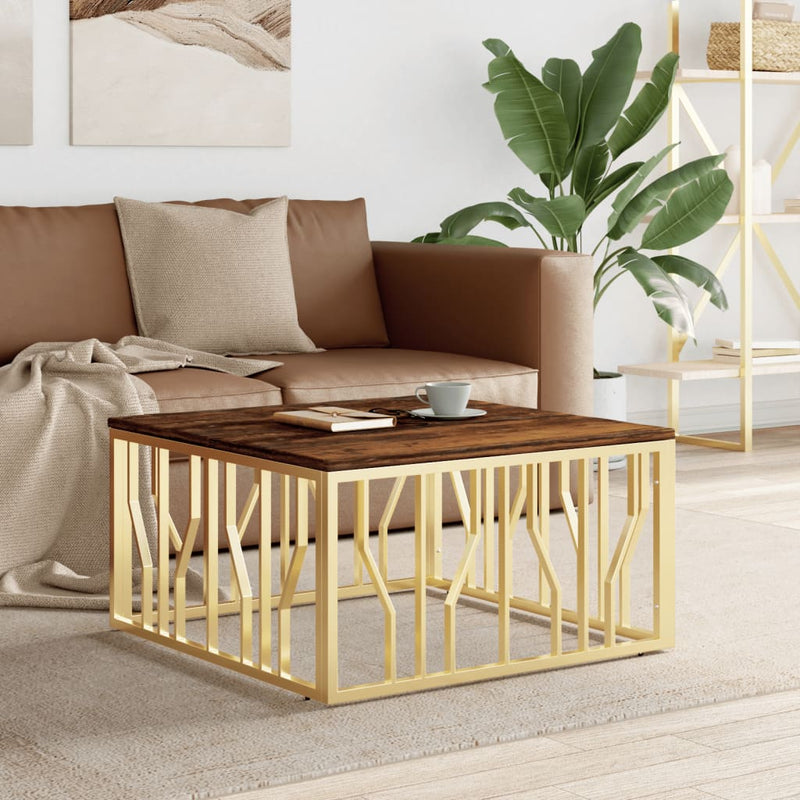 Salontafel roestvrij staal en massief gerecycled hout goudkleur MeubelReus