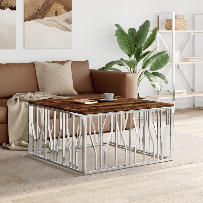 Salontafel roestvrij staal en massief gerecycled hout zilver MeubelReus