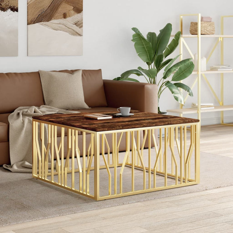 Salontafel roestvrijstaal en massief gerecycled hout goudkleur MeubelReus