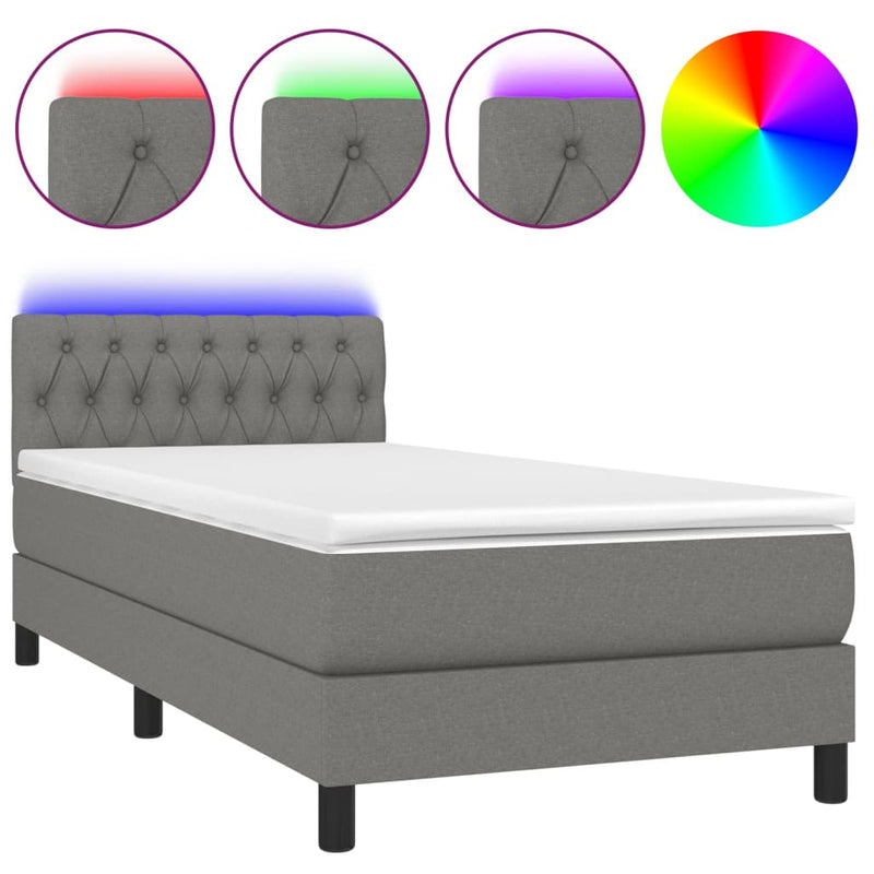 Boxspring met matras en LED stof donkergrijs 90x200 cm