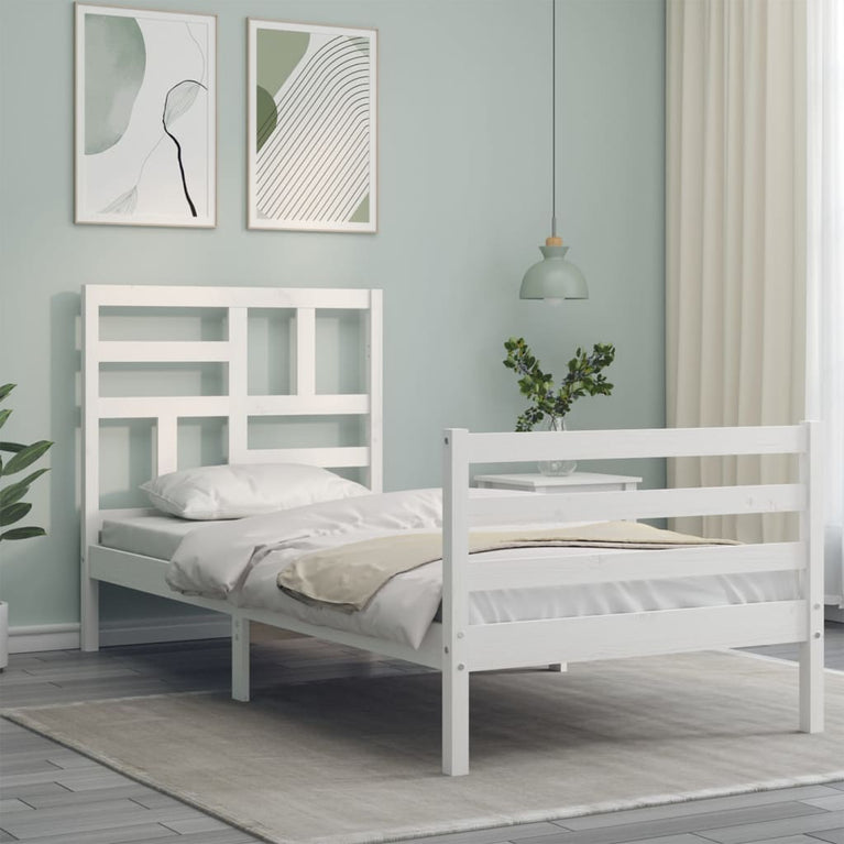 Bedframe met hoofdbord massief hout wit 3FT Single